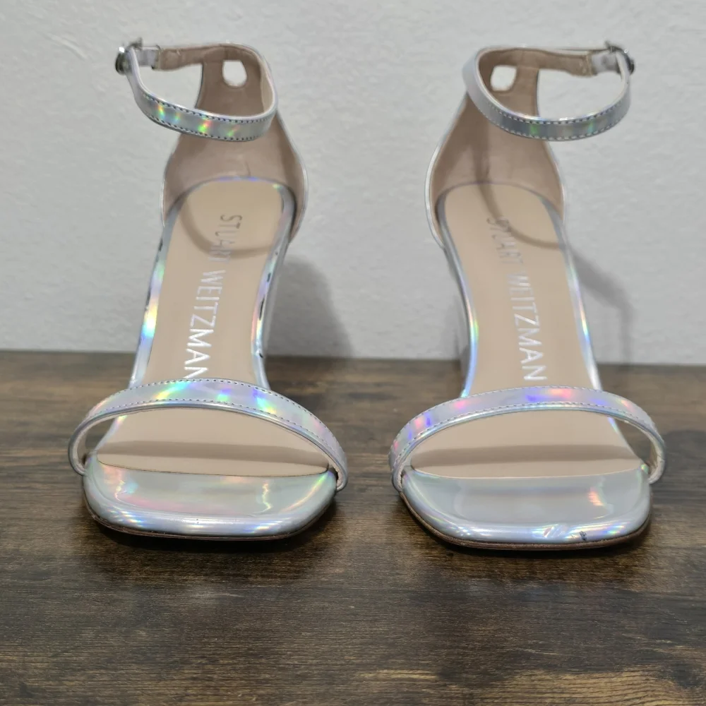 Stuart Weitzman Silver Nudist Lucite Iridescent Clear Wedge Sandal Size 7 - Picture 6 of 15